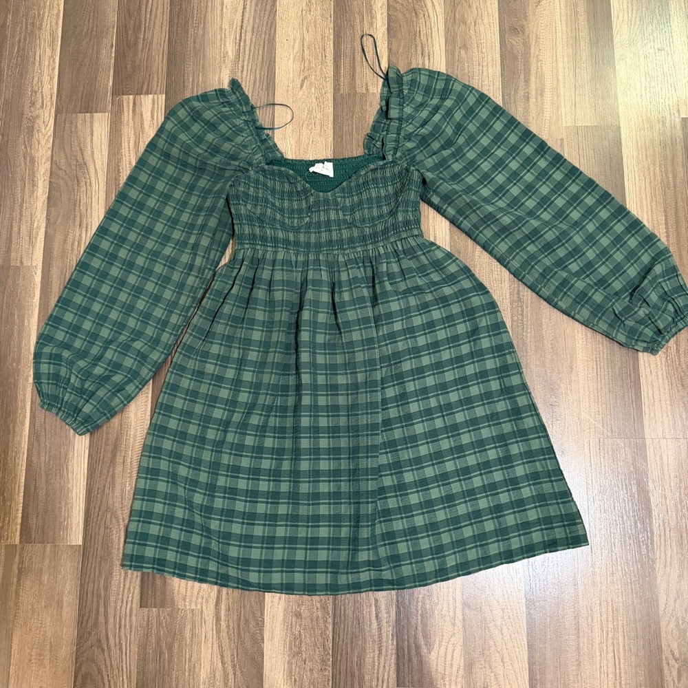 Bobbles&Lace Green Plaid smocked Y2K Mini Dress S